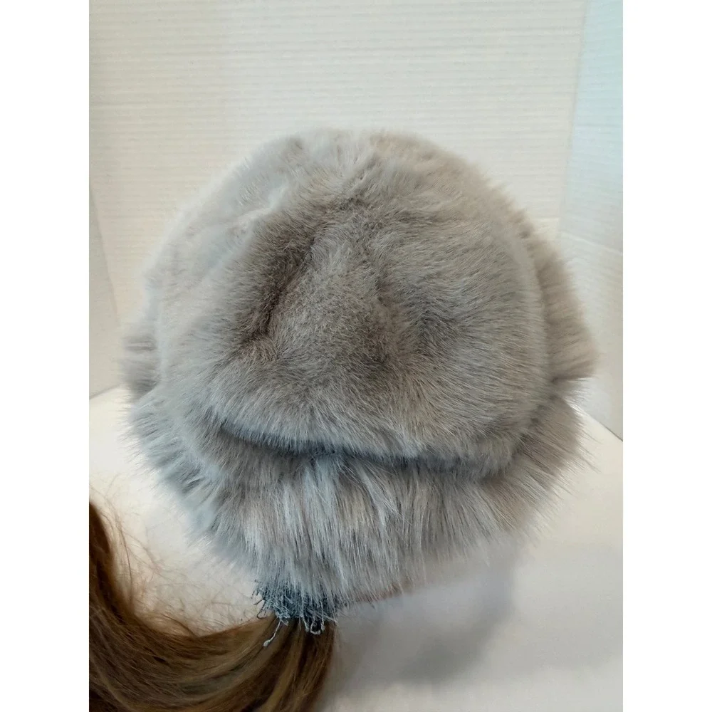 NEW Mongolian Fluffy Furry Gray Faux Fur Luxury Ear‎ Coverage Bucket Beanie Hat